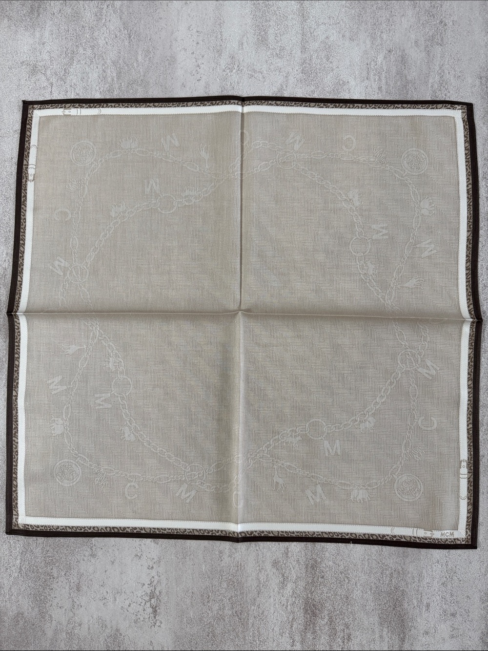 MCM Beige and Brown Logo Silk Square Scarf